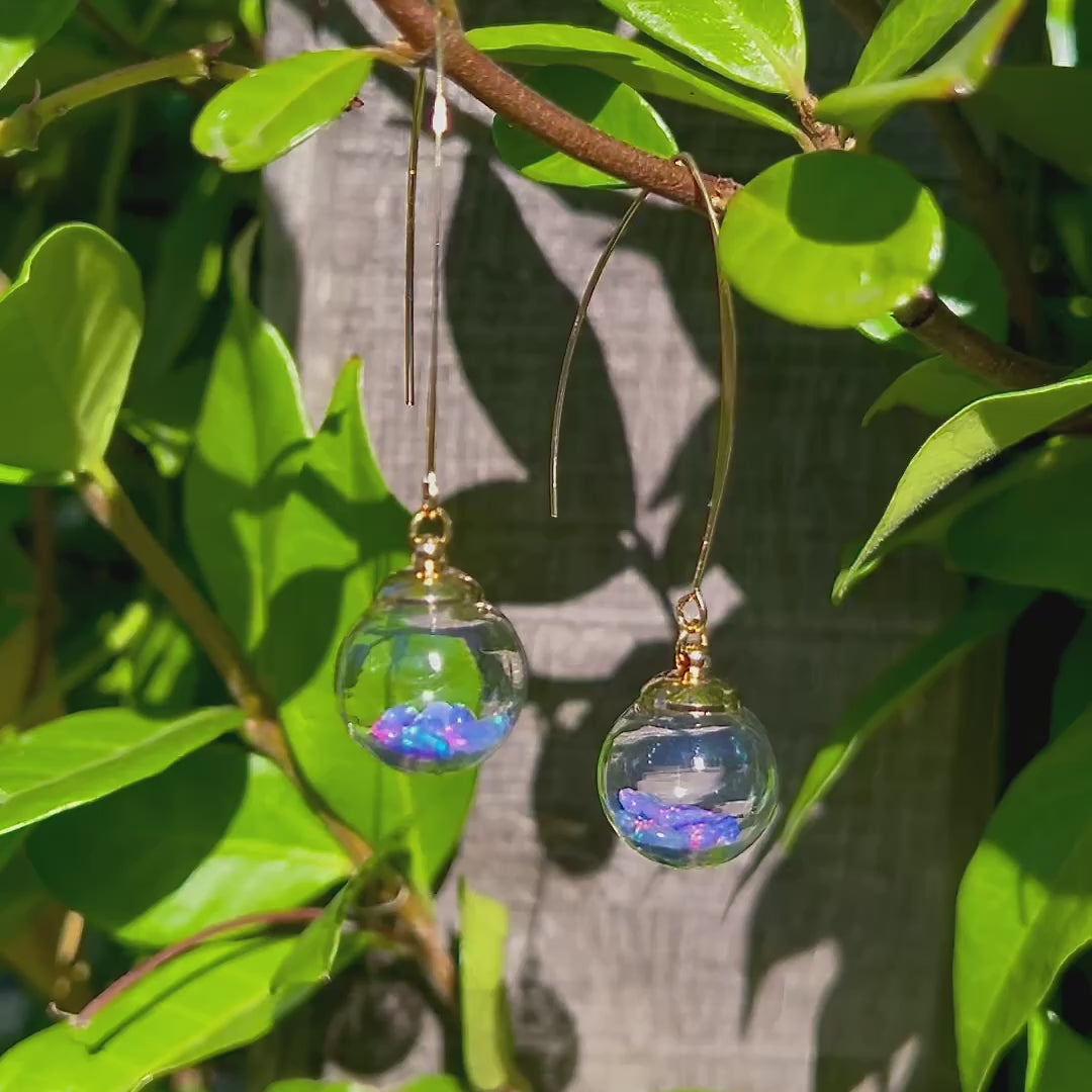 Welo Opal Glass Sphere Earrings: Gold Dangle Handmade Jewelry, Blue Opals, colour change