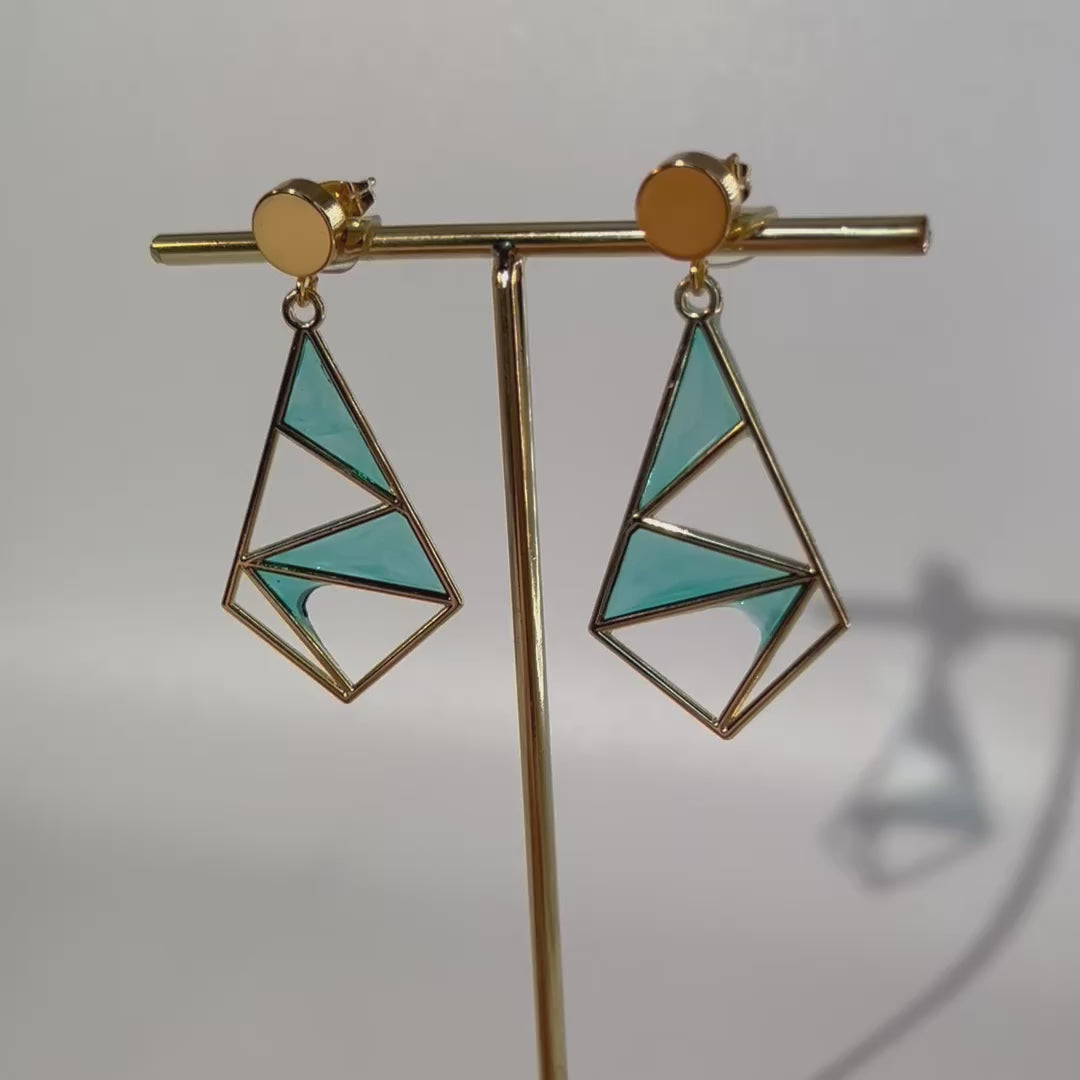 Turquoise Geometric Dangle Earrings: Gold Brass Mosaic Jewelry