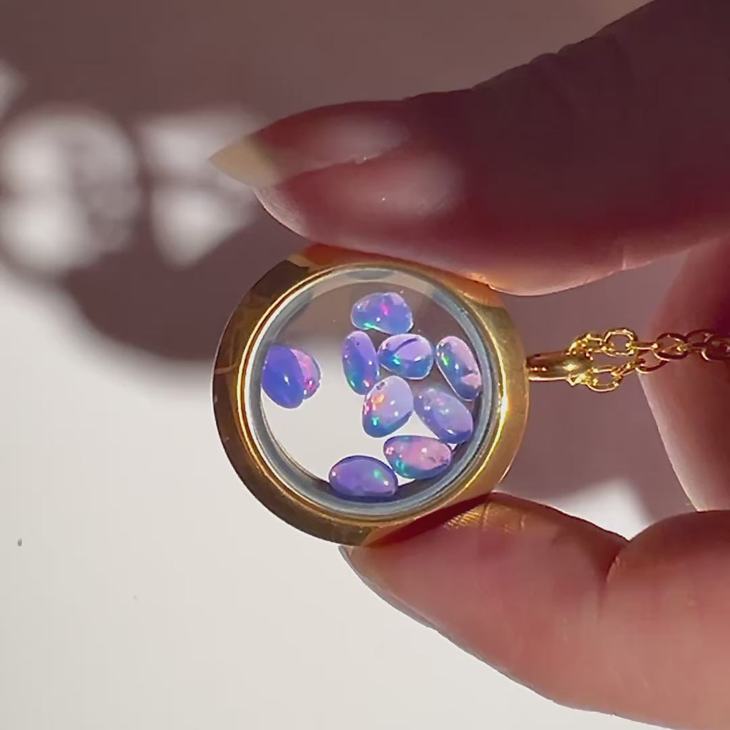 Gold Locket Glass Pendant Necklace Filled with Floating AAA Ethiopian Opals, October Birthstone Jewellery