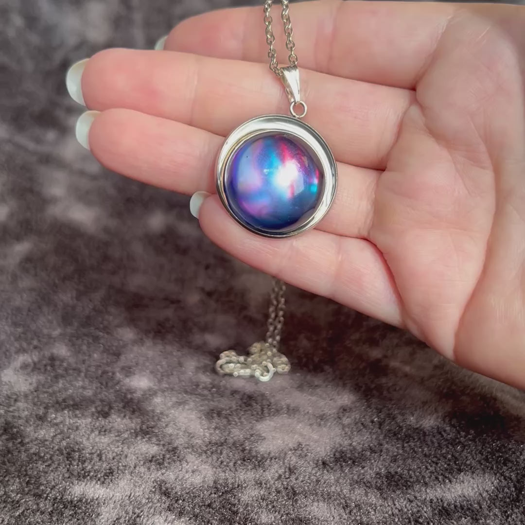 Blue Galaxy diachronic Dome Pendant Necklace | Resin Aurora Borealis Space Jewelry | Silver Chain | Northern Lights | Handmade
