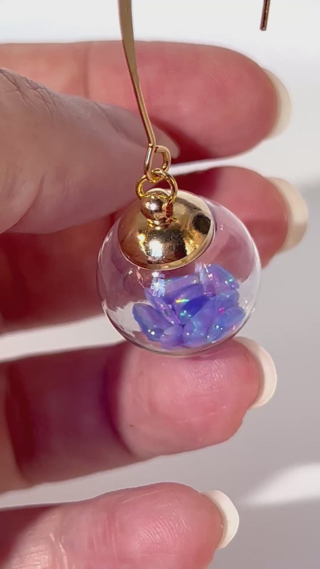 Welo Opal Glass Sphere Earrings: Gold Dangle Handmade Jewelry, Blue Opals, colour change