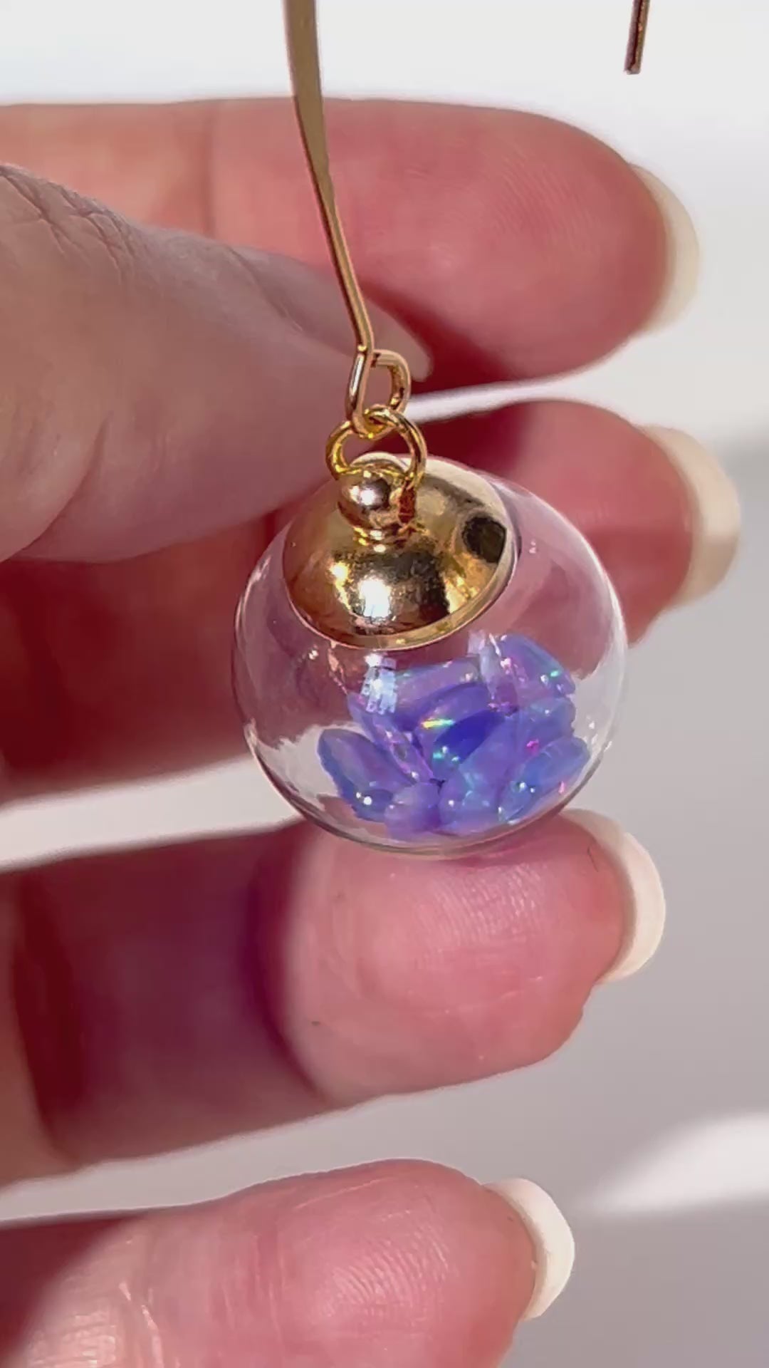 Welo Opal Glass Sphere Earrings: Gold Dangle Handmade Jewelry, Blue Opals, colour change