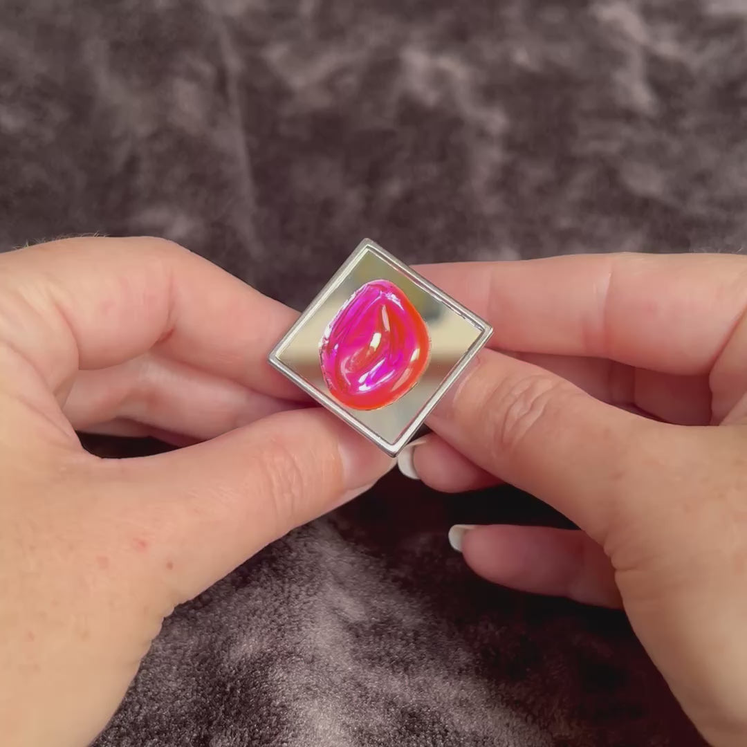Neon Pink Resin Mirror Ring | Square Mirror Statement Cocktail Ring | Adjustable Metal Band | Fluorescent Pink Lips | Modern Art Ring | Kiss