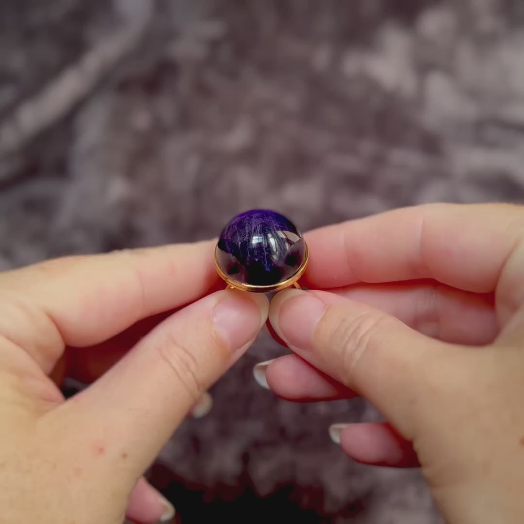 Galaxy Nebula Ring Purple Iridescent Cabochon Resin, Gold Adjustable Cosmic Statement Jewellery Space Celestial Handmade Ring