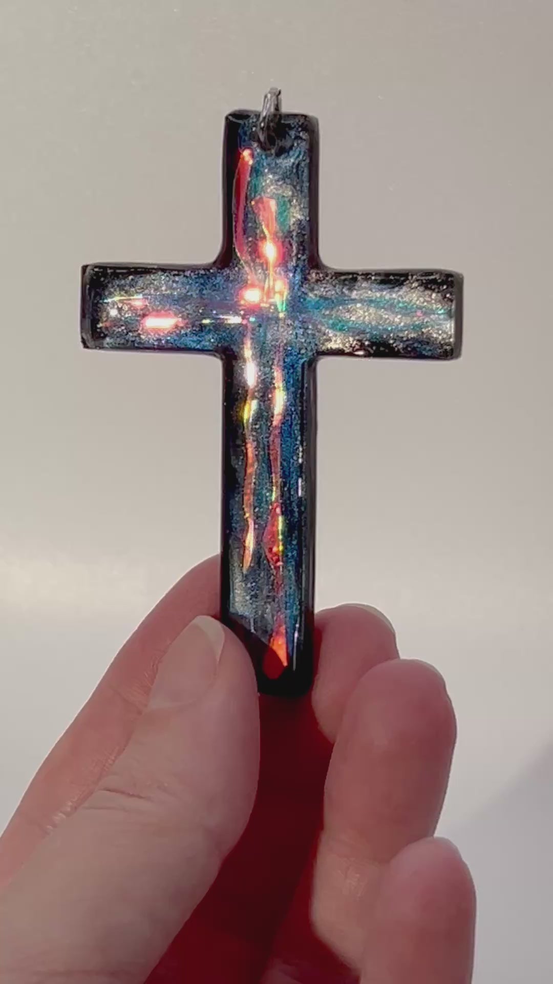 Dichroic Resin Cross Pendant: Iridescent Rainbow Blue Silver Crucifix Necklace, Unique