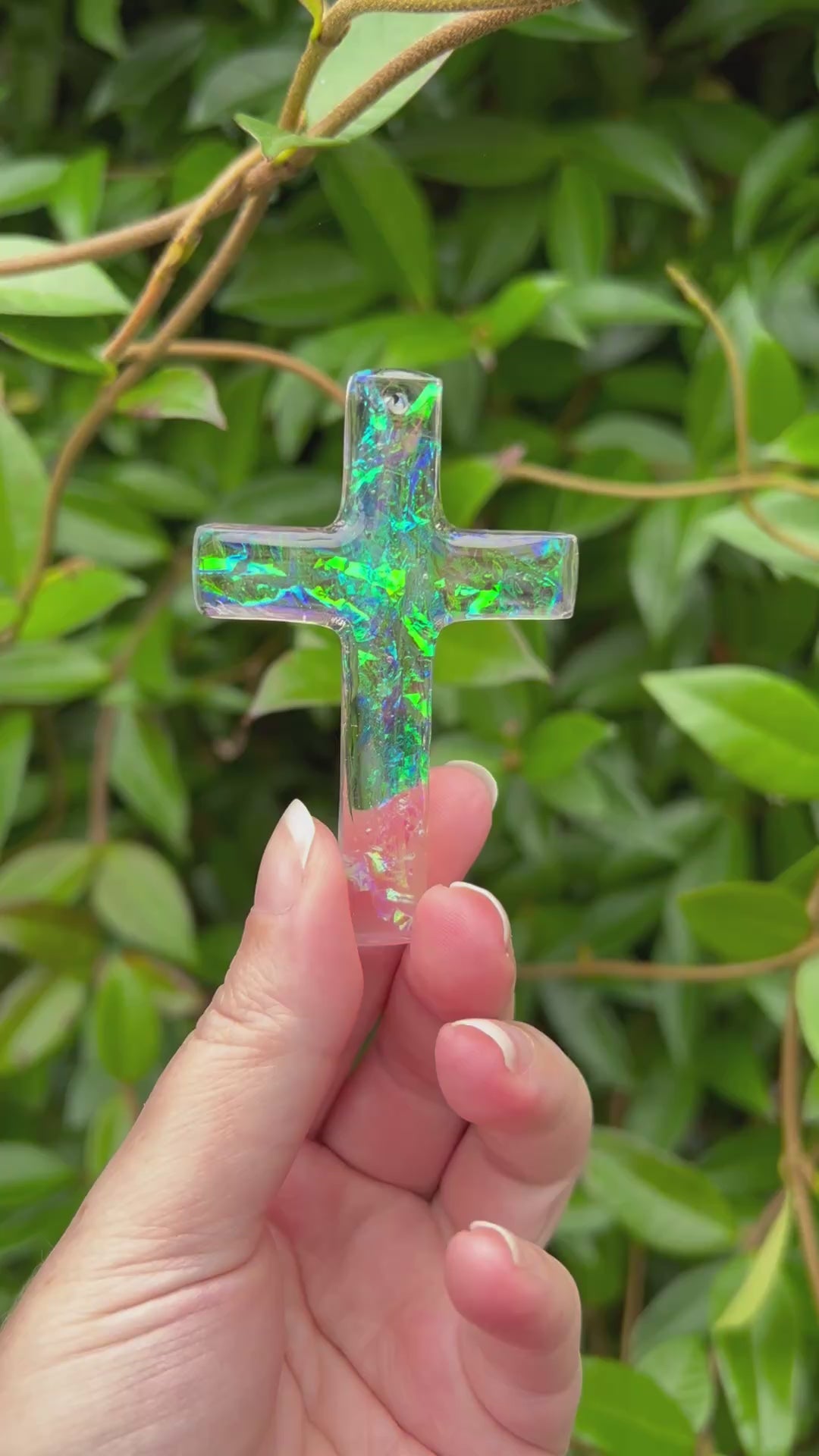 Holographic Iridescent Electric Opal Resin Cross Pendant
