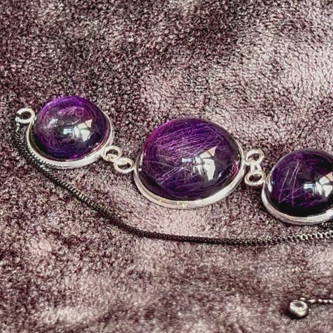 Resin tripple Cabochon Amythyst Style Silver Adjustable Bracelet: Purple Shimmer Handmade Jewelery. Unique