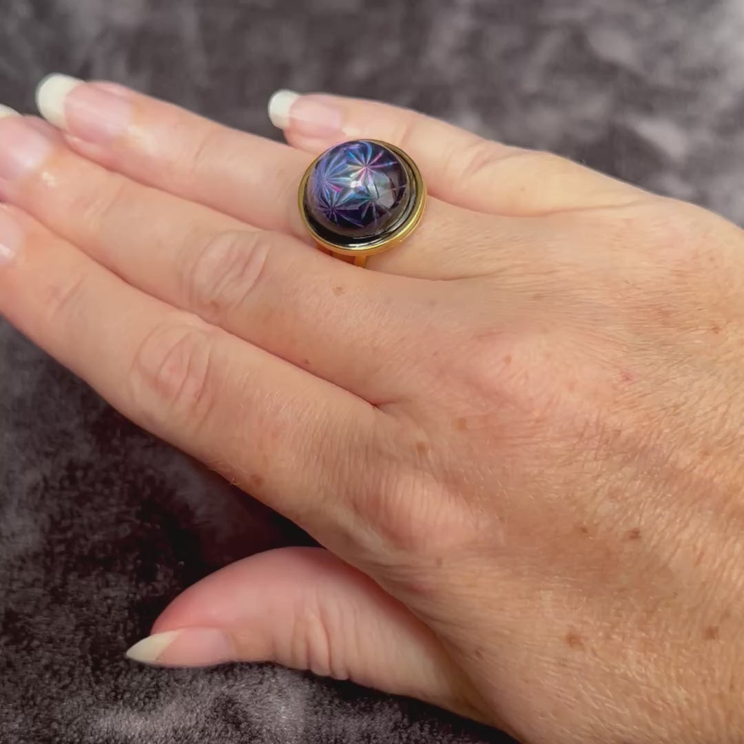 Dichroic Gold Resin | Holographic Sacred Geometry Flower of Life Pattern | Adjustable Statement Ring | Iridescent Blue