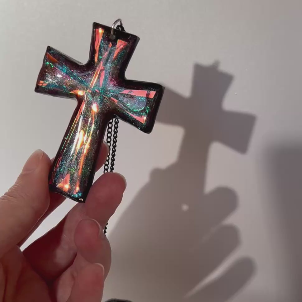 Dichroic Resin Cross Pendant: Iridescent Blue Silver Crucifix Necklace, Unique