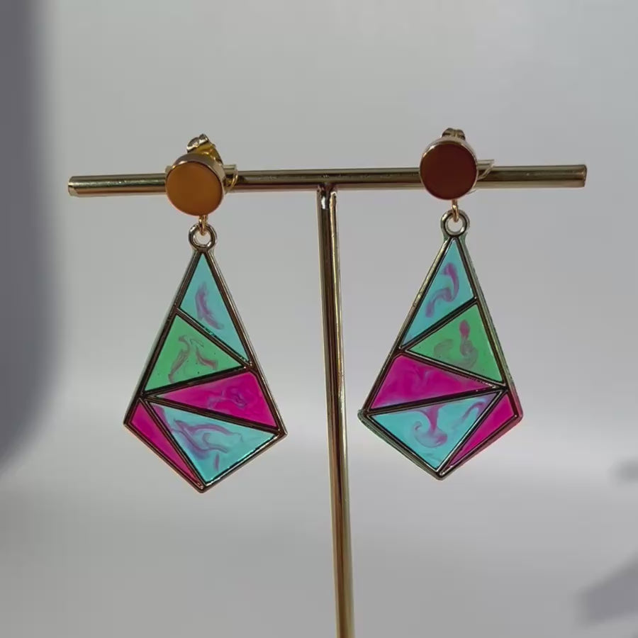 Resin Mosaic Dangle Earrings: Geometric Triangle, Gold Tone