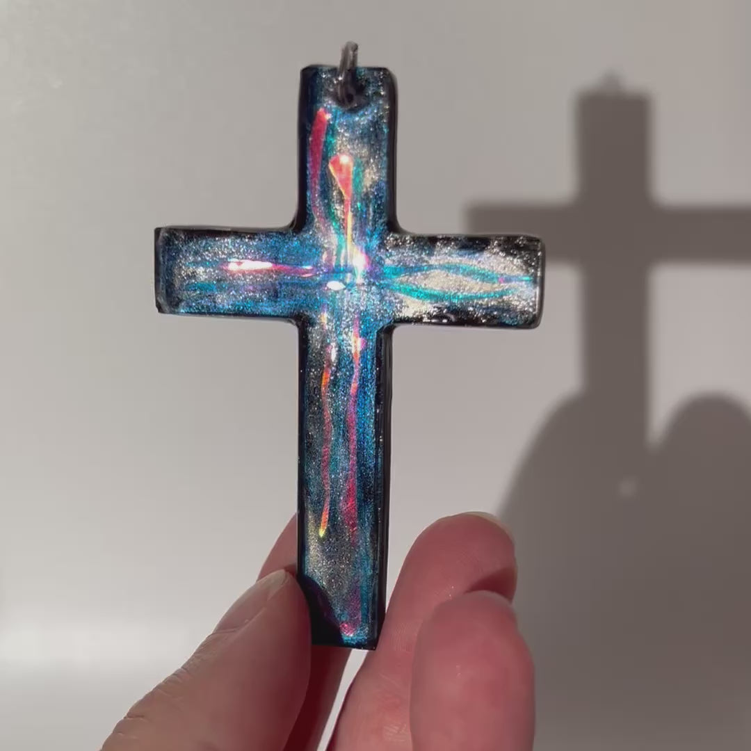 Dichroic Resin Cross Pendant: Iridescent Rainbow Blue Silver Crucifix Necklace, Unique