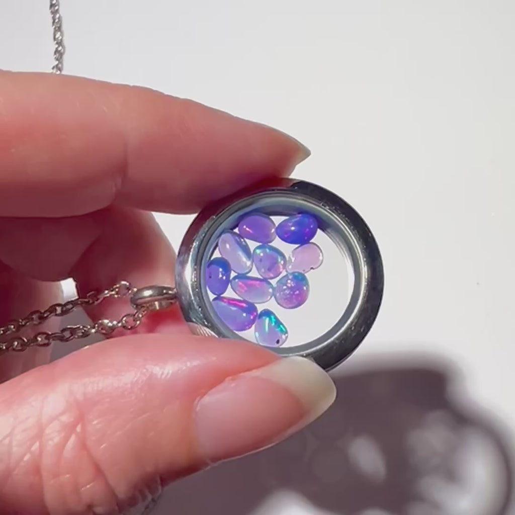 Silver Locket Glass Pendant Necklace Filled with Floating AAA Ethiopian Opals, October Birthstone Jewellery